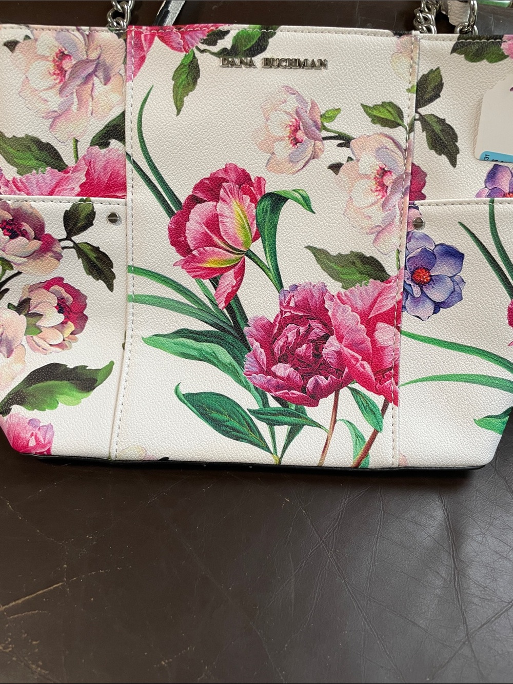 Dana Buchman White Floral Shoulder Bag with Pink and Green Botanical Print
